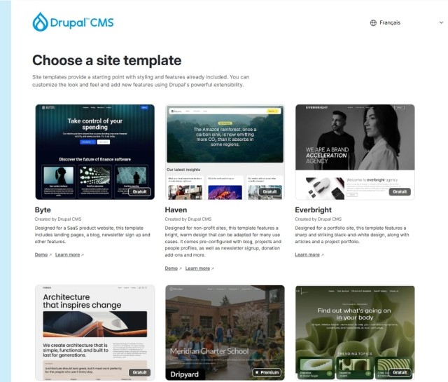 Un aperçu de la page de sélection d'un template de site Drupal